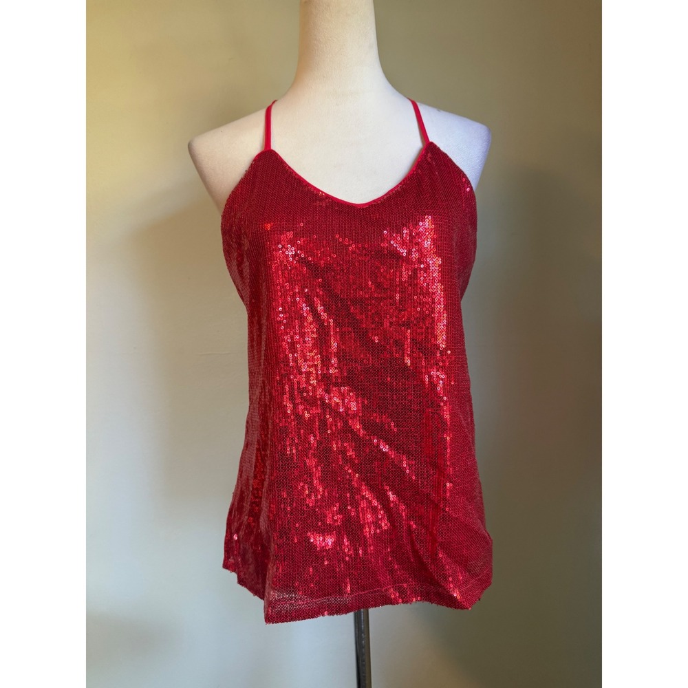 Red Sequin Camisole sexy Party Top tank M whimsi Y2K boho‎ dainty resort sequins